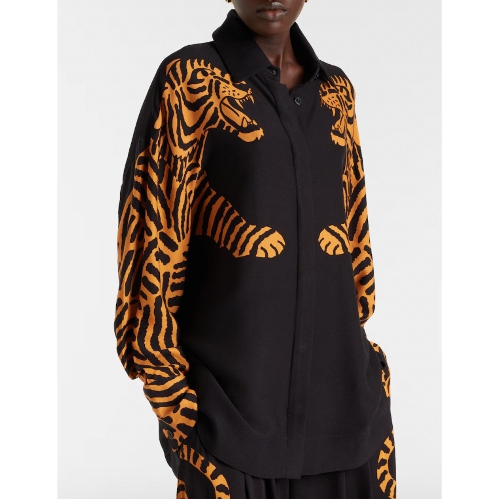 Farm Rio Black Orange Tiger Graphic Oversized Button Down Shirt Womens | Small - Picture 11 of 14